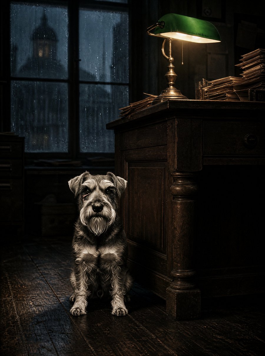 Leo, Schnauzer-Mix, neben dem Schreibtisch in Zimmer 42
